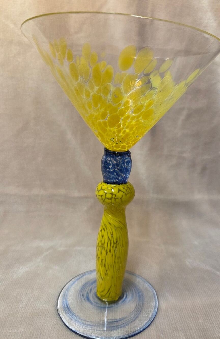 Martini Glass Hand Blown.  Art Glass – Blue Yellow Mexican Studio